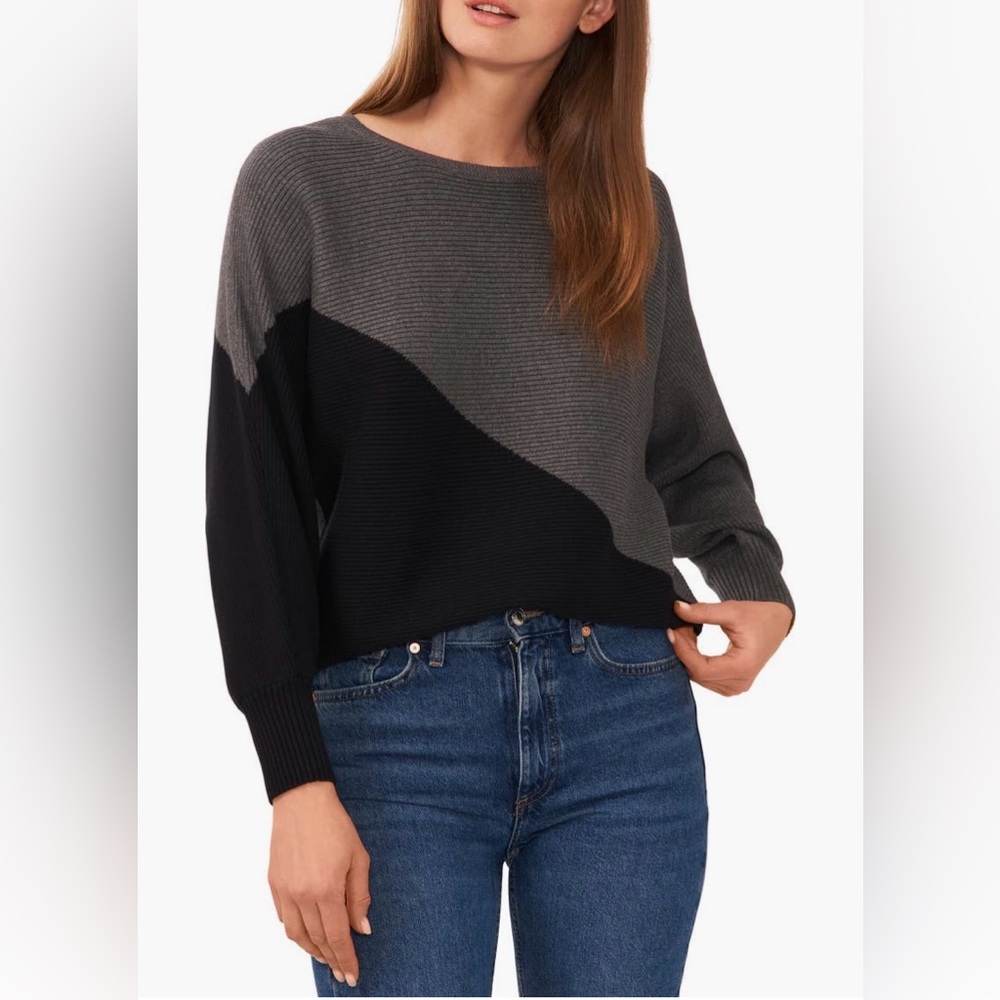 Vince Camuto Asymmetrical Gray and Black Women's cotton blend Sweater
